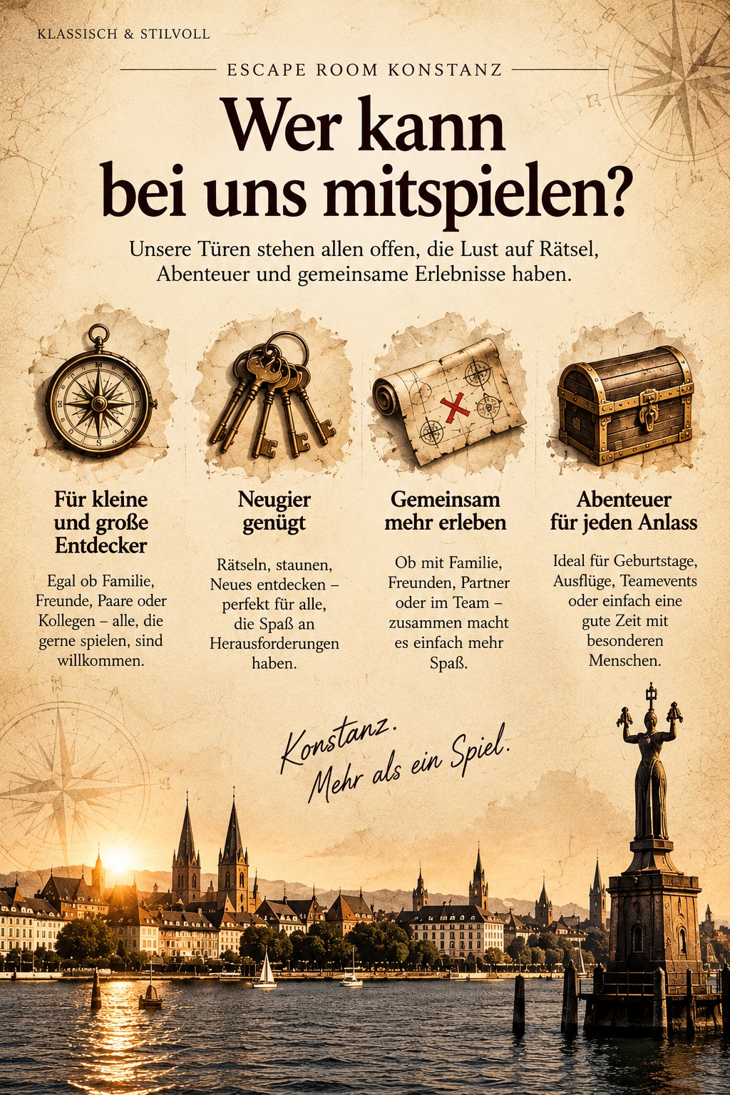 Klassische Pergamentillustration: vier Rätsel-Motive, Konstanz-Silhouette und die Imperia-Statue.